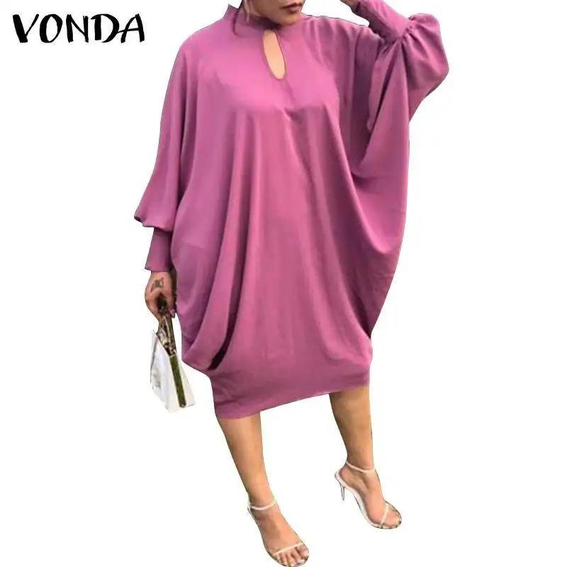 

VONDA Women Dress 2021 Summer Long Bat-Sleeve Denim Dresses Elegant Knee-Length Solid Robe Ladies Bohemian Vestidos Femme