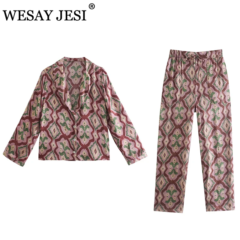 

WESAY JESI Women Clothing Fashion Pant Suits TRAF ZA Geometric Printed Blouse Trouser Suits Elastic Waist Pants Two Piece Set
