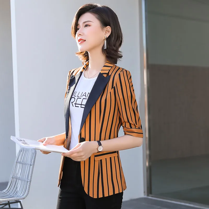 Модные корейские полосатые блейзеры с рукавом средней длины Женская куртка