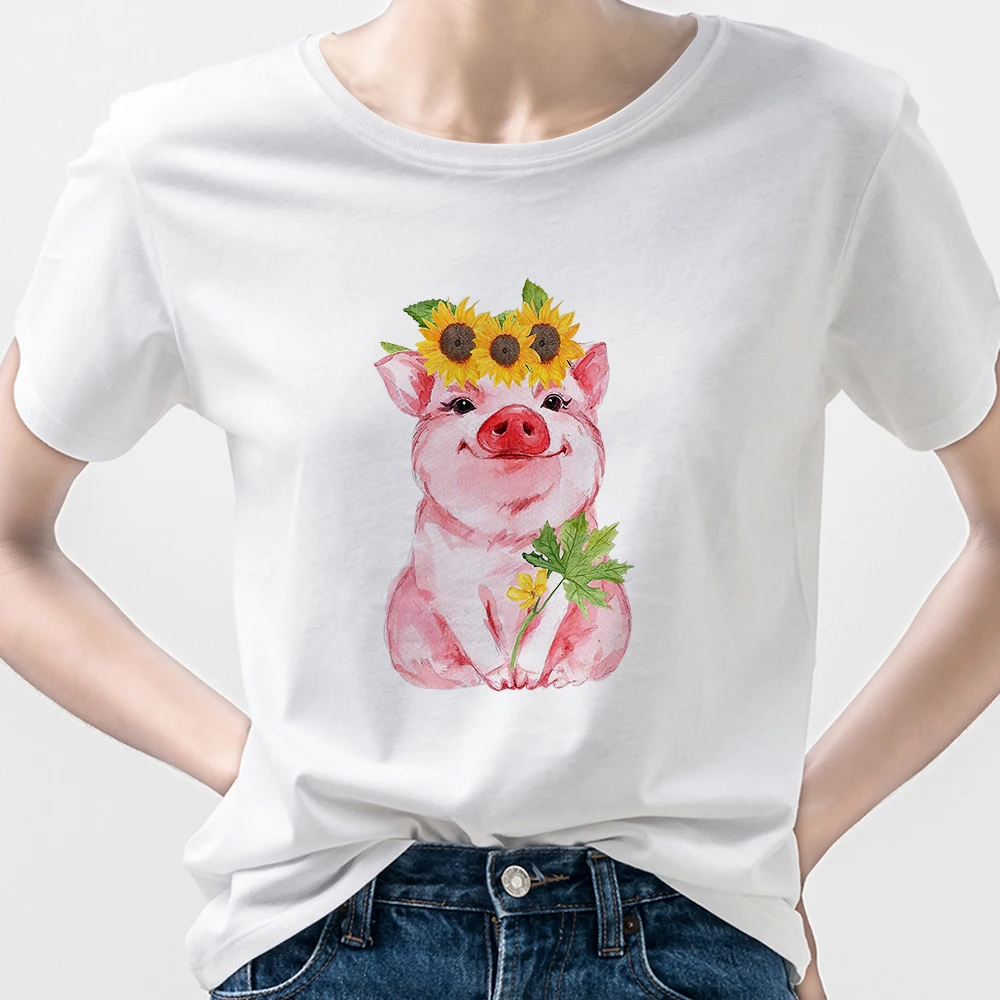 

Sunflower Flower Headband Pig Tshirt Women Smile Young Girl Style Shirt Funny Animation Short Sleeve Vogue Style Clothes Tren