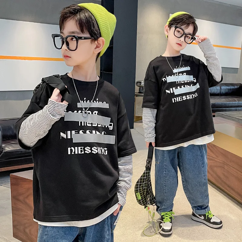 

Повседневный хлопковый пуловер с длинным рукавом и надписью для мальчиков, черный пуловер с круглым вырезом и длинными рукавами на весну и ...