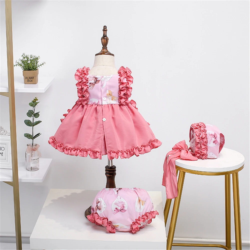 Платье на день рождения для девочек, розовое, винтажное испанское, пушистое с оборками, для торта, с юбкой для новорожденных, на 1-6 лет, на Рождество.