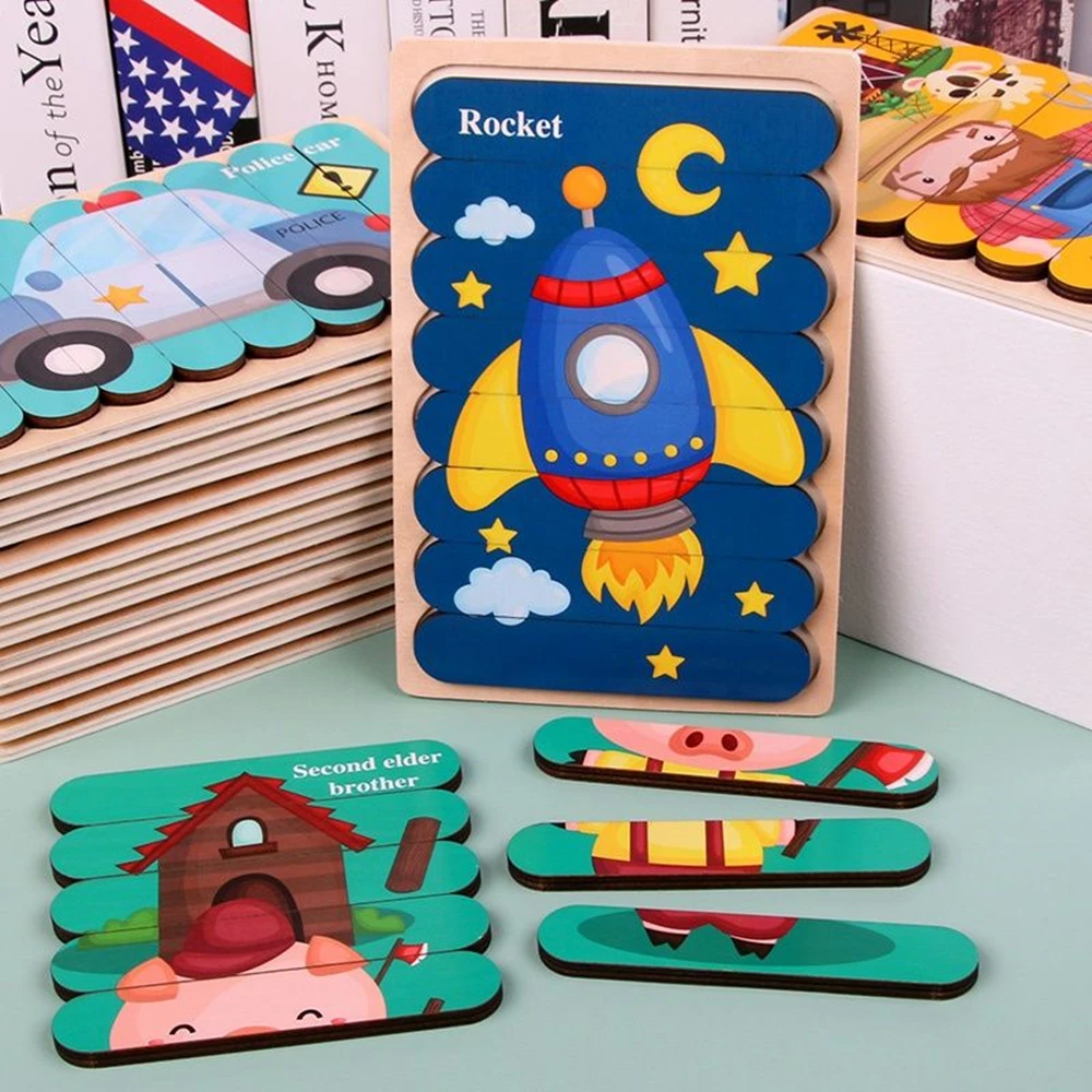 

2022 New Montessori Wooden Toy 3D Jigsaw Bar Puzzles Children's Creative Story Stacking Matching Puzzle Early Educational Toys
