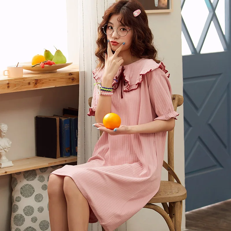 

Version of the Doll Collar Ladies Nightgown Sexy Nightwear Pure Color Cute Women Home Sleep Dress Summer Women Cotton Nightdress