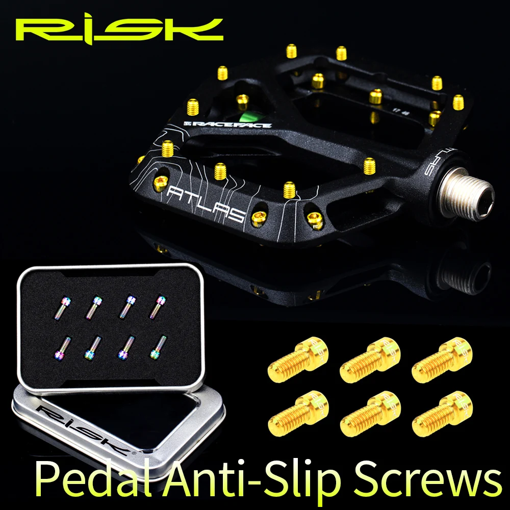 

RISK 8pcs/lot Titanium Alloy Anti-skid Bolts for Downhill Bicycle Pedals TC4 Ti Pedal Anti-slip Screws for XC AM DH Bike M4*8mm