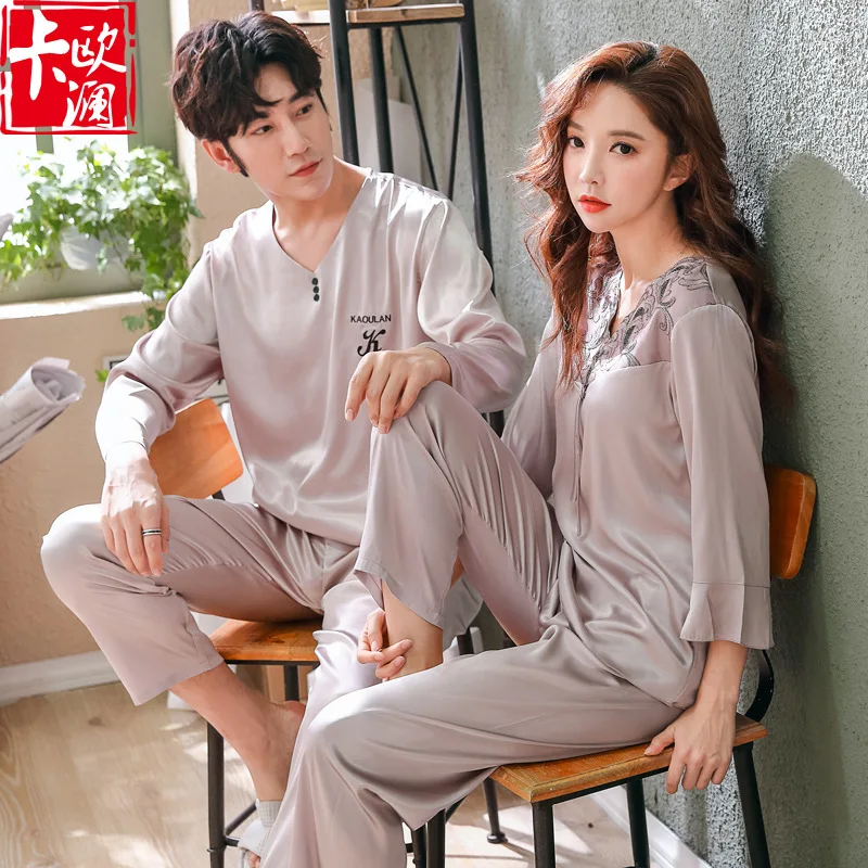 Spring Autumn New Silk Couple Pajamas Large Silk Thin Men's Women's Nightwear Home Wear Pajamas Set V-Neck Sleepwear Solid