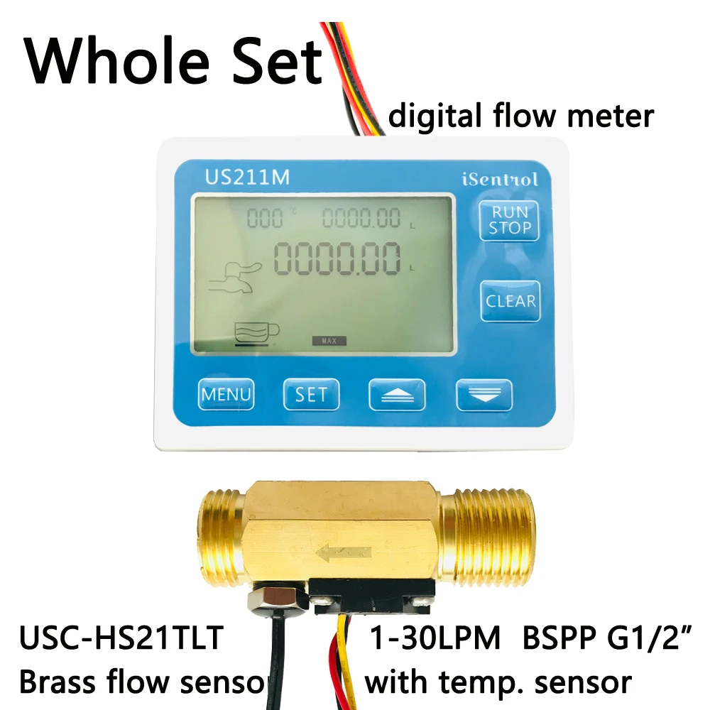 US211M Water Flow Meter and USC-HS21TLT Hall Water Flow Sensor Brass 1-30L/min DC 24V Turbine Flowmeter with NTC50K Temperature