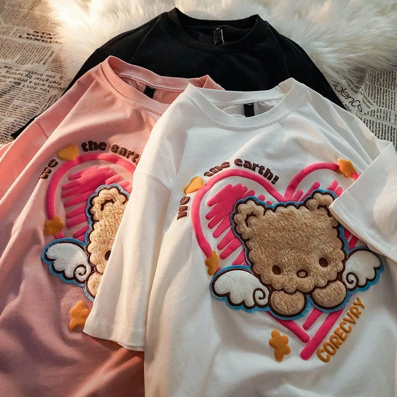 Fashion Little Bears Print Funny Graphic T Shirt Summer White Cotton Aesthetic Tops Overscized Kpop Women Cute T shirts