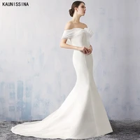 kaunissina elegant mermaid white wedding dress 2021 long white simple v neck off shoulder satin wedding bride gown with train