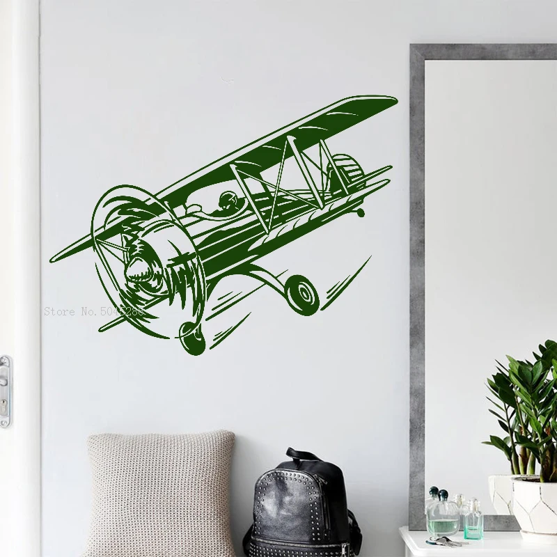 Биплан Ретро Самолёт Виниловые настенные наклейки Декор дома подростков мальчиков Уникальный подарок Съёмные наклейки Y109.
