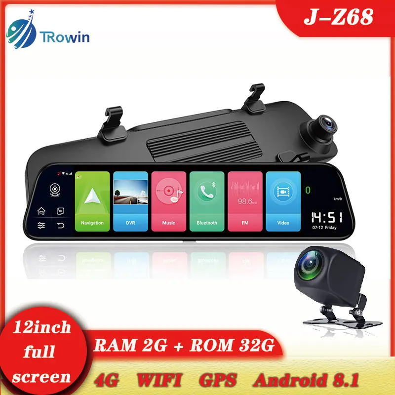 4G Android 8.1Car 12 дюймов полный сенсорный экран зеркало WI FI GPS навигация DVR 1080p Двойной