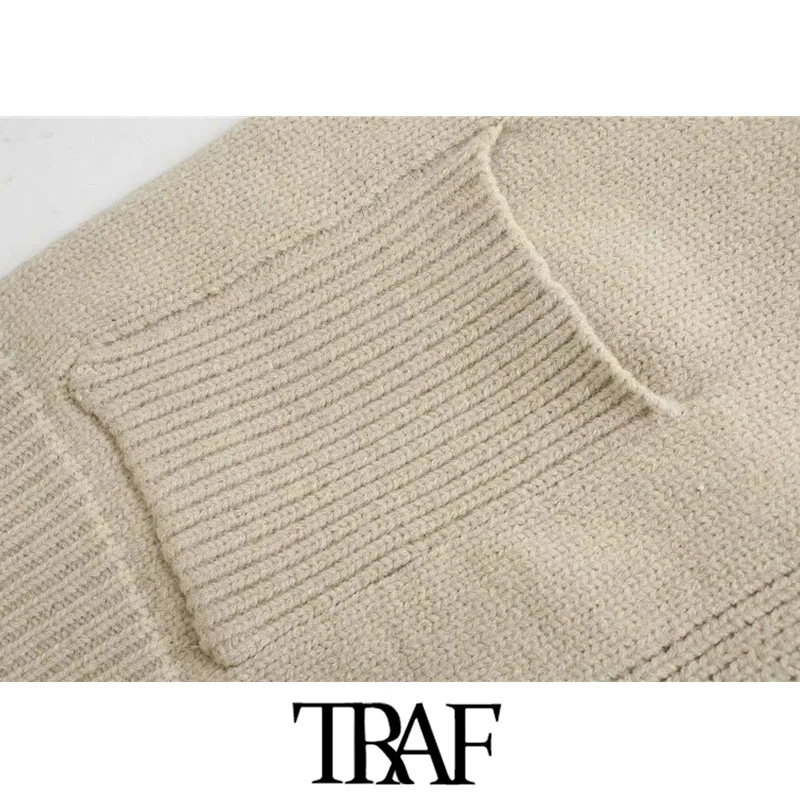 

TRAF Women Fashion With Pockets Loose Knitted Vest Sweater Vintage Sleeveless Button-up Female Waistcoat Chic Tops