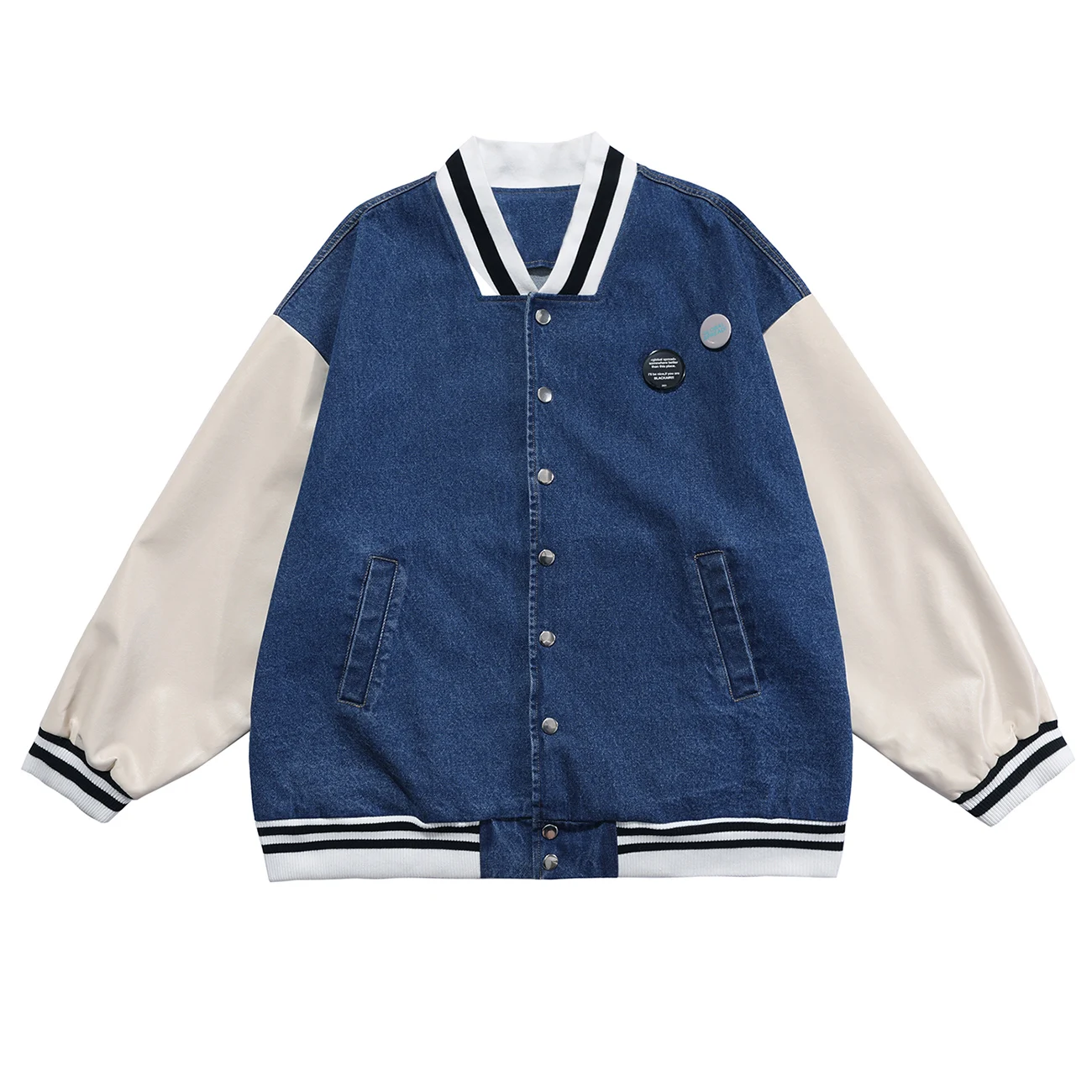 

LACIBLE Badge Denim Patchwork Jackets Mens Streetwear Hip Hop Harajuku Bomber Jacket Baseball Coats Unisex 2021 Spring