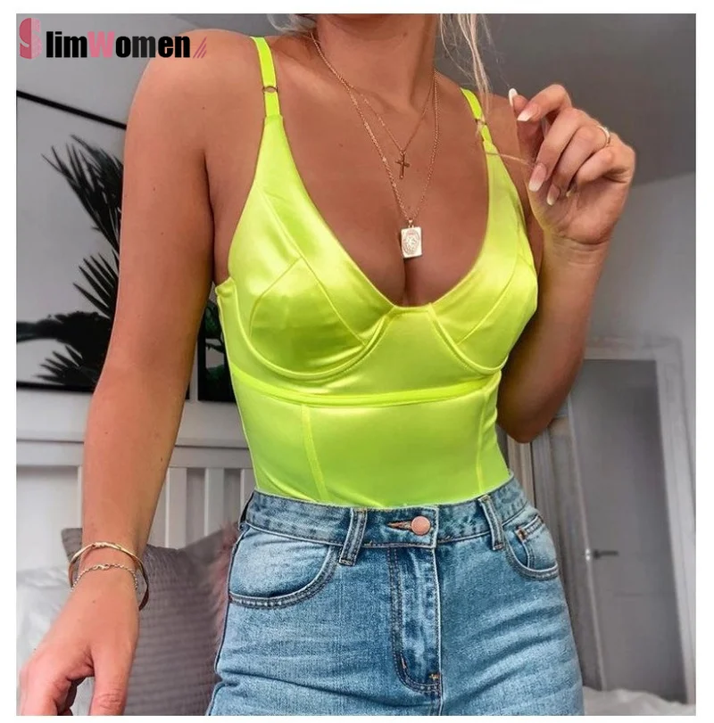 Неоновый цвет атласный корсет с открытой спиной боди глубоким V-образным вырезом