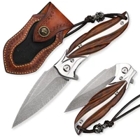 high quality damascus feather steel folding knife with wooden handle edc portable tool outdoor survival knife self defense tools