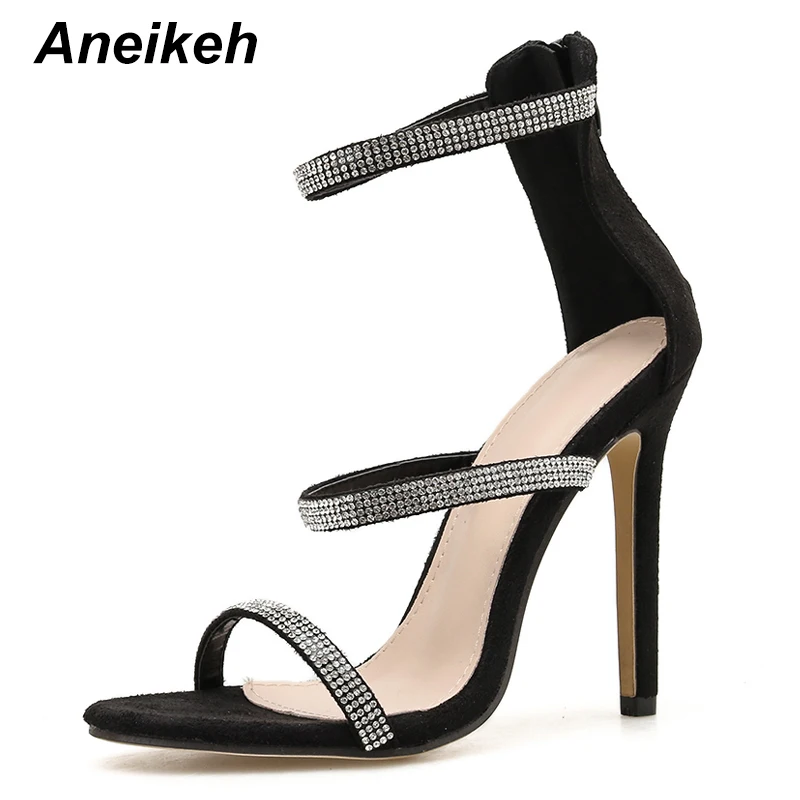 Black Aneikeh/Новейшая пикантная обувь женские сандалии-гладиаторы модельные туфли на высоком тонком каблуке с открытым носом и кристаллами туфли-лодочки с закрытой пяткой Размеры 35-42 - Цвет: Black