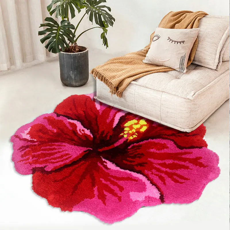red hibiscus flower flocking rug bathroom bath mat non slip carpet 80x60cm bedroom living room flower shaggy floor pad doormat free global shipping