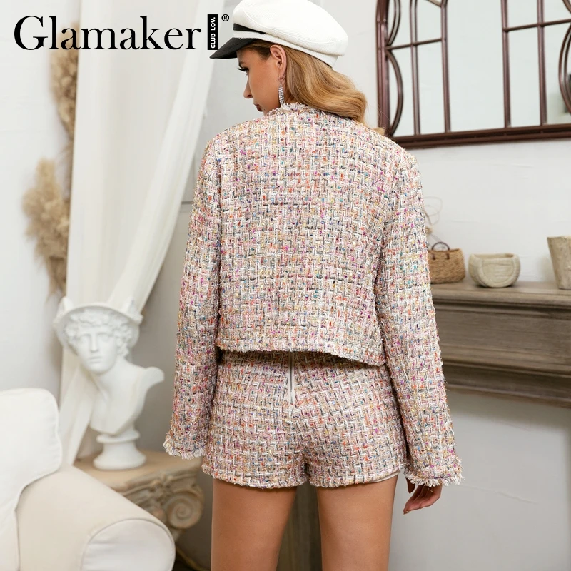 Glamaker, сексуальный короткий твидовый блейзер с люрексом, Женский Осенний блейзер с эффектом пуш-ап, женский модный клубный пиджак с длинным рукавом, зимняя верхняя одежда