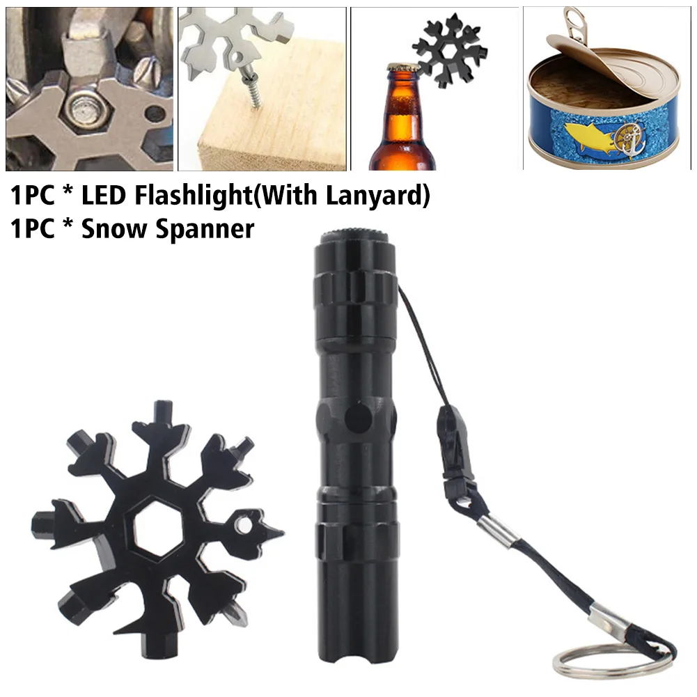 

2 In 1 Emergency Hand Tools Multifunction Snow Spanner Outdoor Camping Hiking LED Flashlight Set Compact Practical Durable