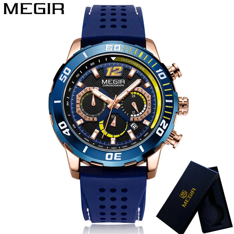 MEGIR Watch Men Chronograph Military Army Male Clock Top Brand Luxury Rubber Silicone Band Business Man Sport Wristwatch 2109 | Наручные