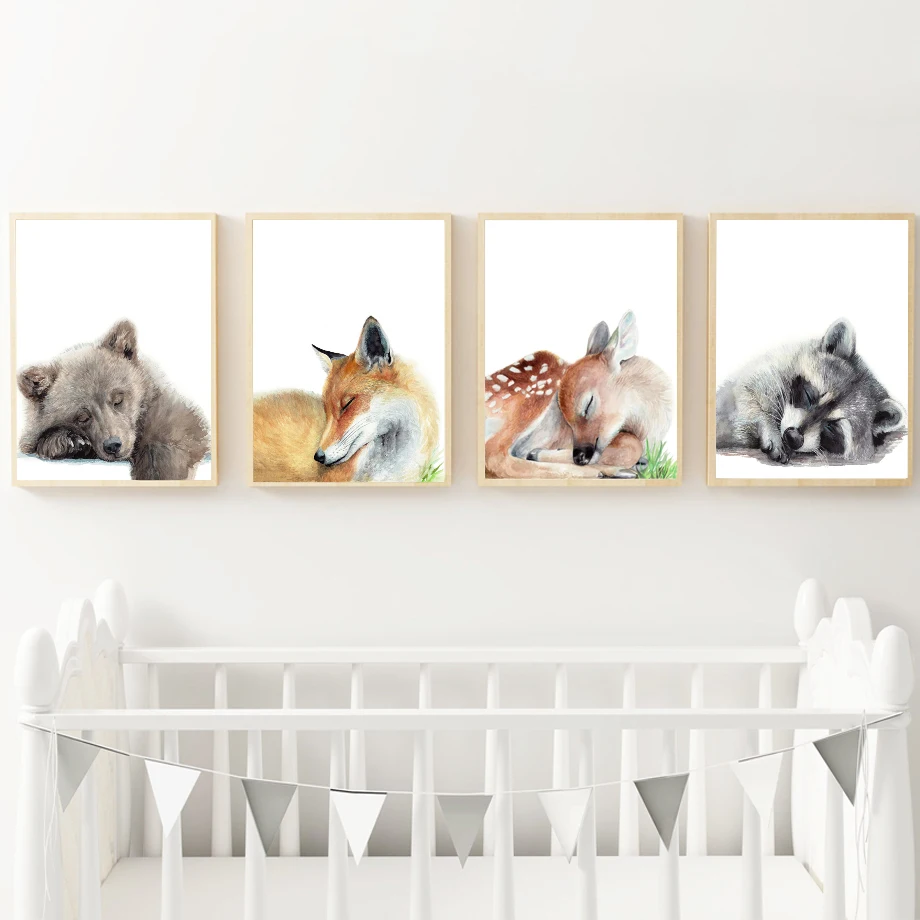 Милый медведь лиса олень енот Детская настенная живопись холст скандинавские