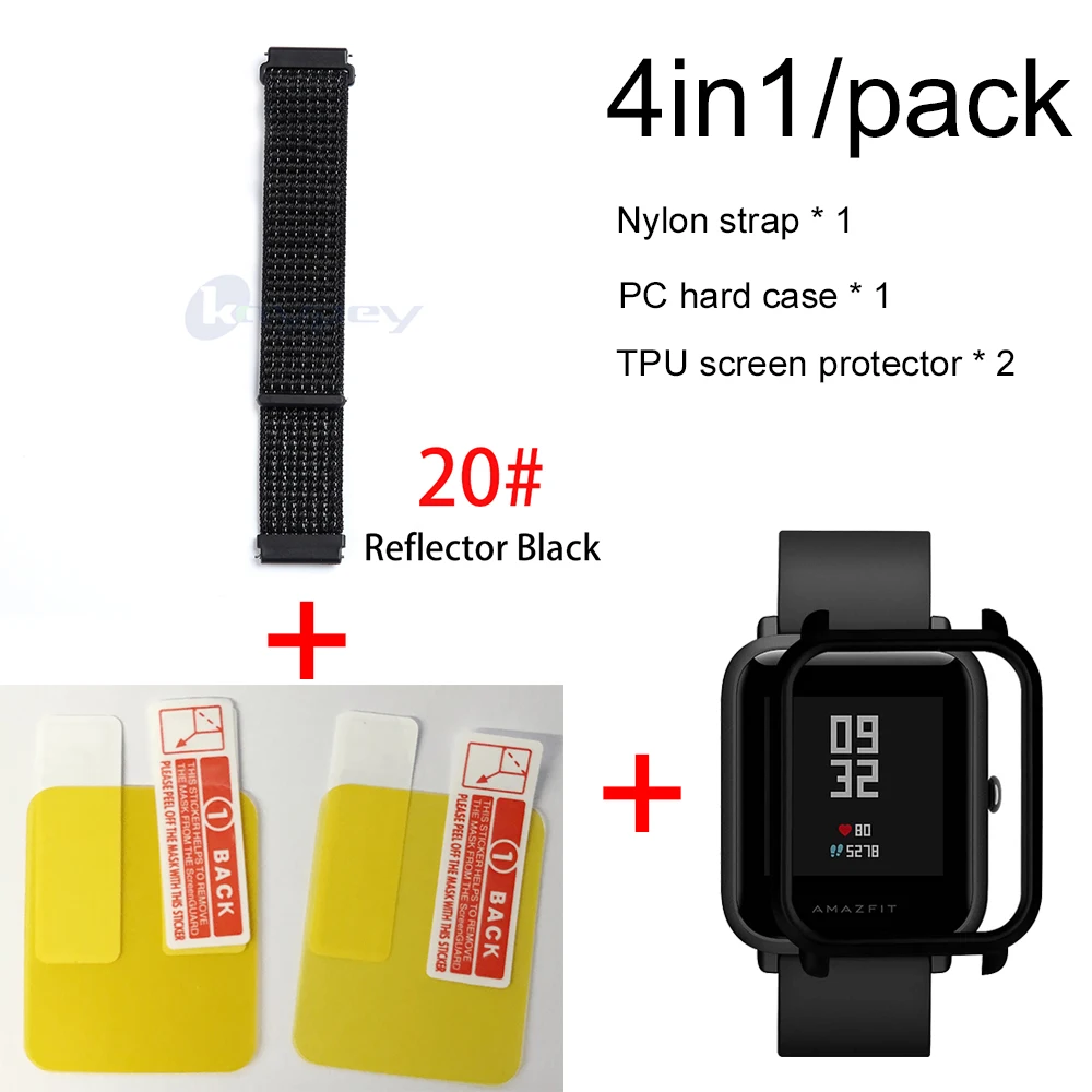 20-Black case 4в1 для Xiaomi Huami Amazfit ремешок bip браслет нейлоновая петля Smartwatch Браслет amazfit bip чехол с защитой экрана - Цвет: 20-Black case