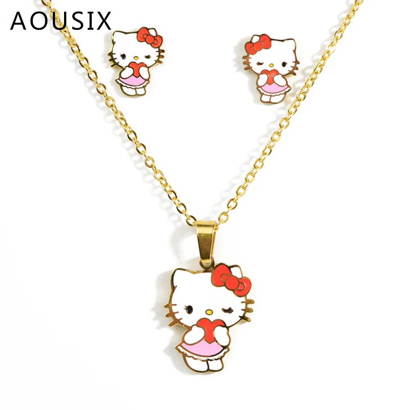 Ожерелье с рисунком hello kitty, детские серьги, ожерелье, набор золотых милых мультяшных котов, ожерелье, детский подарок, ожерелье из нержавеющей стали