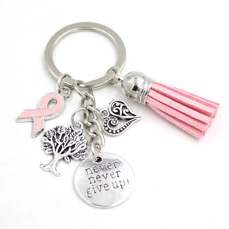 

New Arrival Breast Cancer Awareness Pink Ribbon Tassel Keychains Keyring heart life tree never give up charms key chain Jewelry