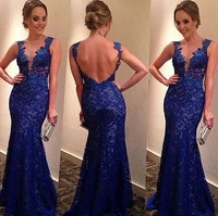 2018 new arrival elegant royal blue long sexy deep v neck backless sleeveless floor length lace party gown bridesmaid dresses