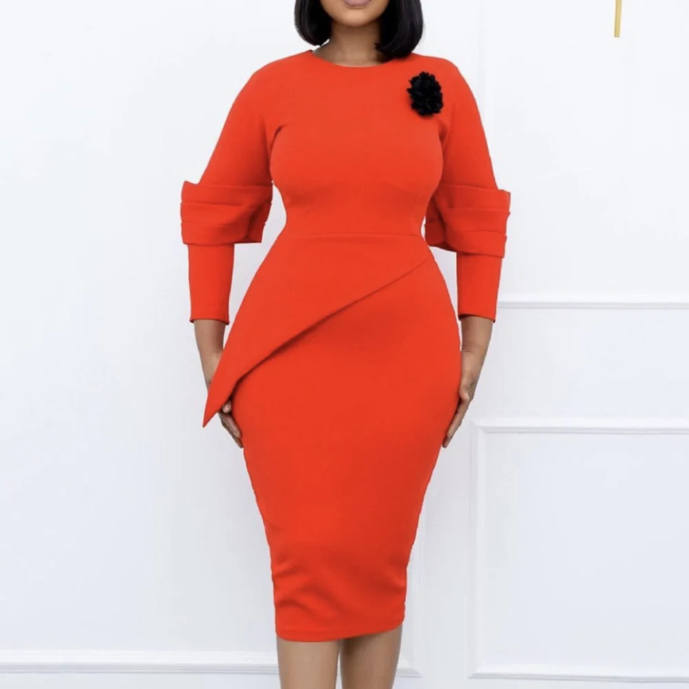 

Office Dress Midi Solid Orange Round Neck Bodycon Hihg Waist African Woman Work Wear Elegant Pencil Dresses Party Gown Autumn