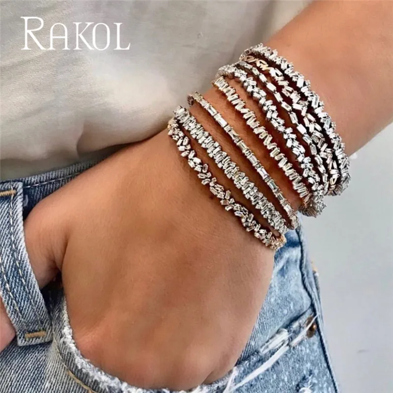 Браслет Багет RAKOL женский с фианитами Модный Тонкий блестящий медный базовый