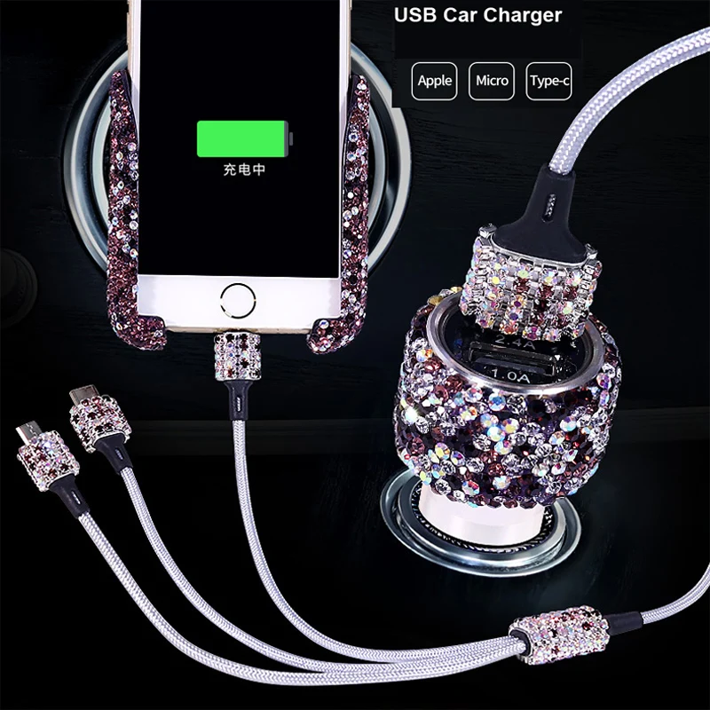Strass Kristall Auto Zigarette Leichter Schnelle Lade 3 in 1 USB Datenkabel Für iPhone Android Micro Typ C Mobile telefon Kabel