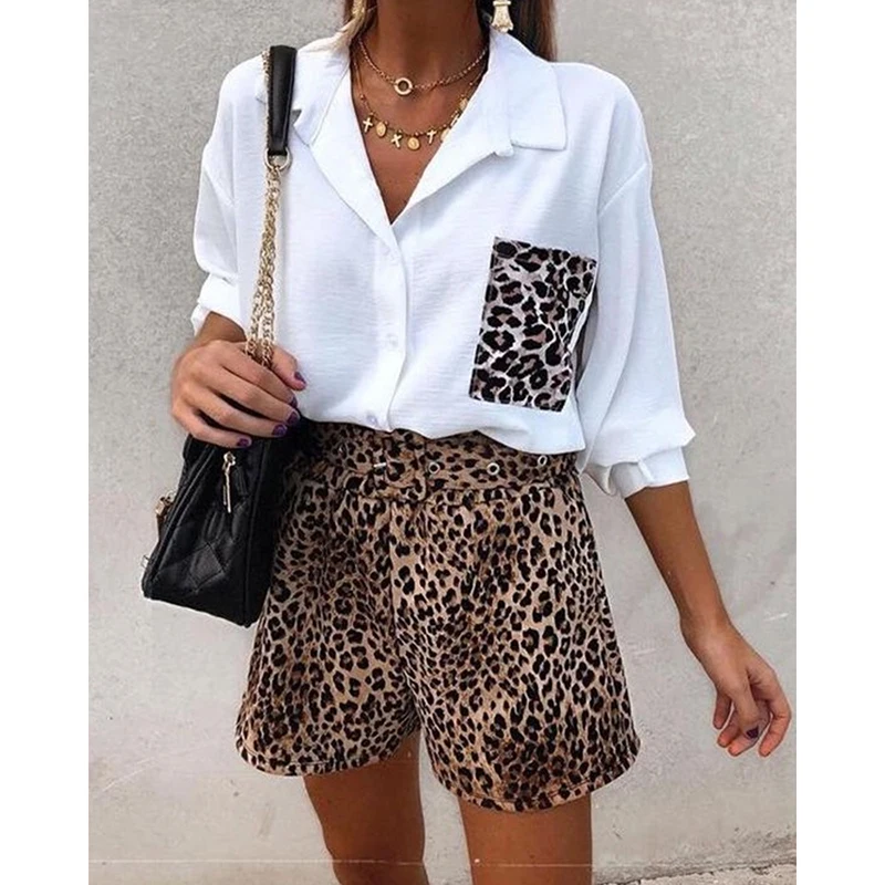

Two Piece Set Women Blouse Shirt Pocket Loose Top Elegant High Waist Leopard Print Casual Wid-Leg Short Pant Suit Korean SJ8631V