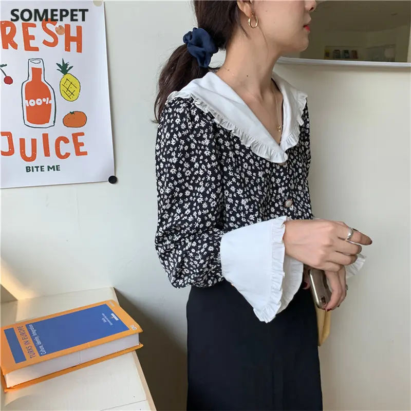 

Romance Print-Floral Ruffles Vintage Feminine Elegant Chic Loose Casual Fashion Sweet All-Match Shirts