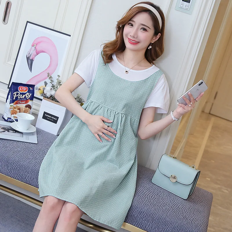 2020 New Maternity Dress Summer Fake Two-Piece Top Midi Loose and Plus-sized Short-Sleeved | Мать и ребенок