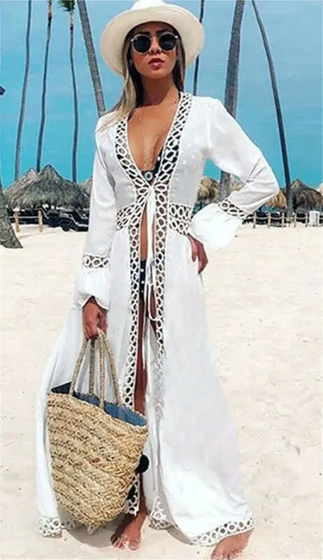 Женское хлопковое кимоно пляжный кардиган накидка на бикини длинная парео