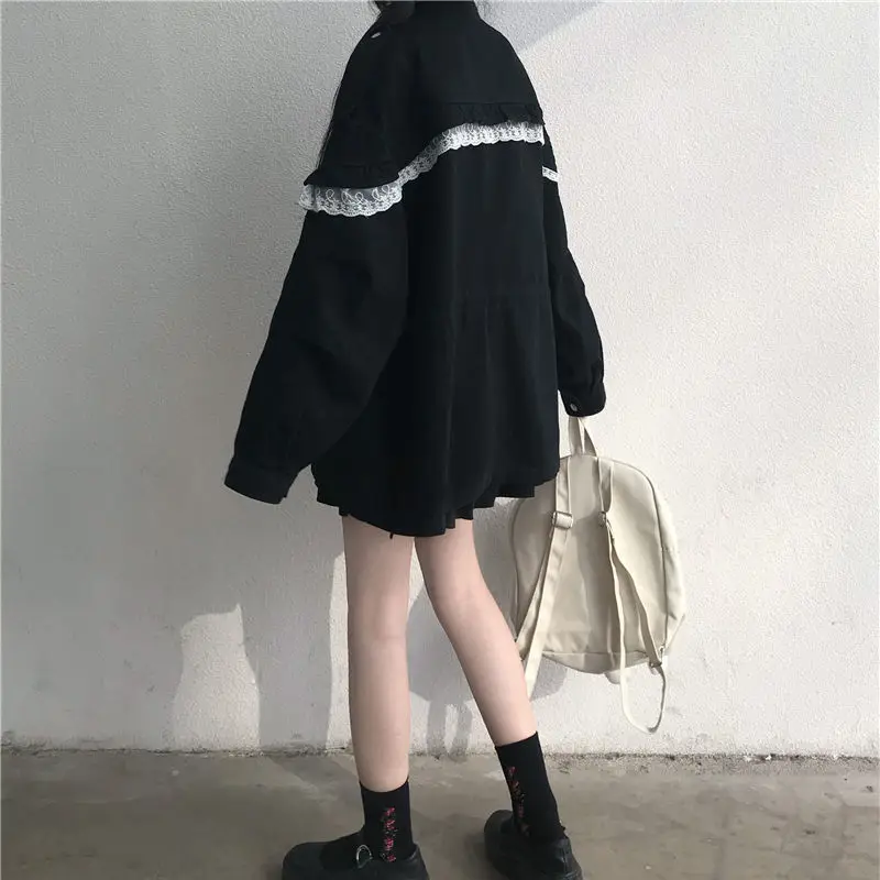 

Casual Jackets Womens Design Lace Patchwork Japanese Preppy Style Black Loose Harajuku Oversized All-match New Spring Coats Kpop