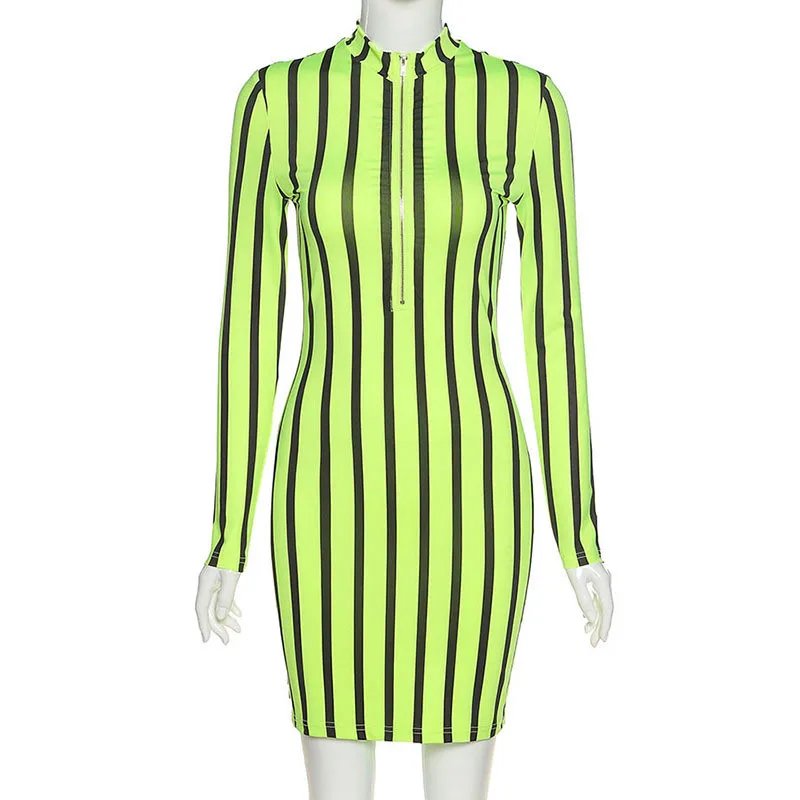 

2021 Autumn Winter Striped Dress Women Sexy Club Zipper Skinny Female Dresses Casual Long Sleeve Mini Dress Robe