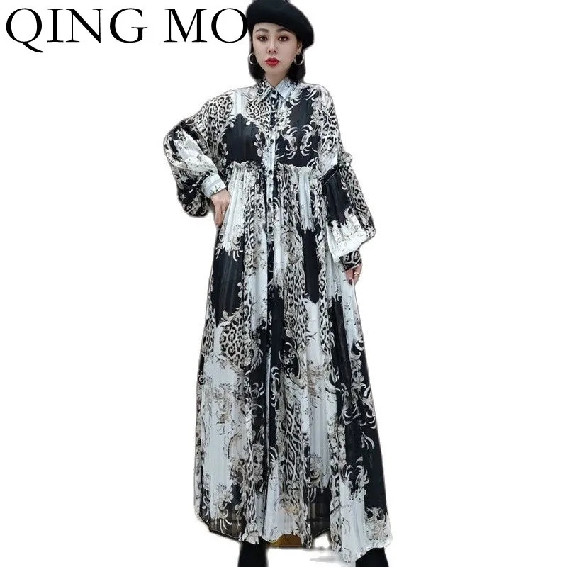 

Женское платье-рубашка с длинным рукавом QING MO, однобортное свободное платье большого размера, с принтом тай-дай, для осени, 2021