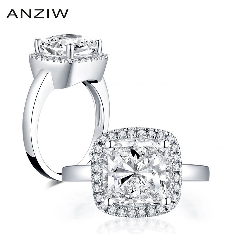 

ANZIW Fashion 925 Sterling Silver 4.0 CT Cushion Cut Halo Rings Engagement Simulated Diamond Women Wedding Silver Rings Gifts