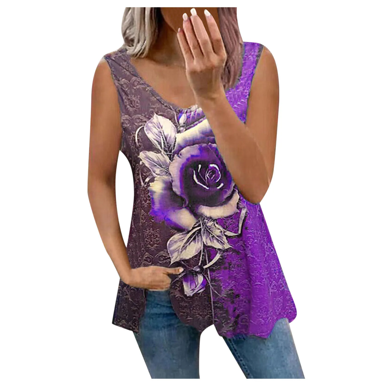 

Womens Print V-neck Tank Tops Sleeveless Workout Shirts Casual Loose Tees blouse work women's blouse tops