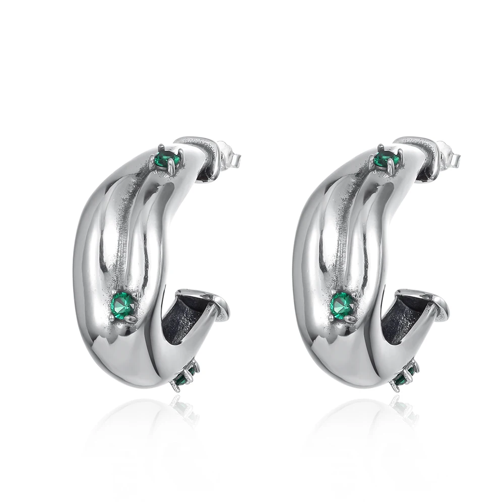 

Sterling Silver 925 Oxidation Opening Ring Set for Women Green Zircon Stylish Luxury Personality Fine Jewelry Large Earrings