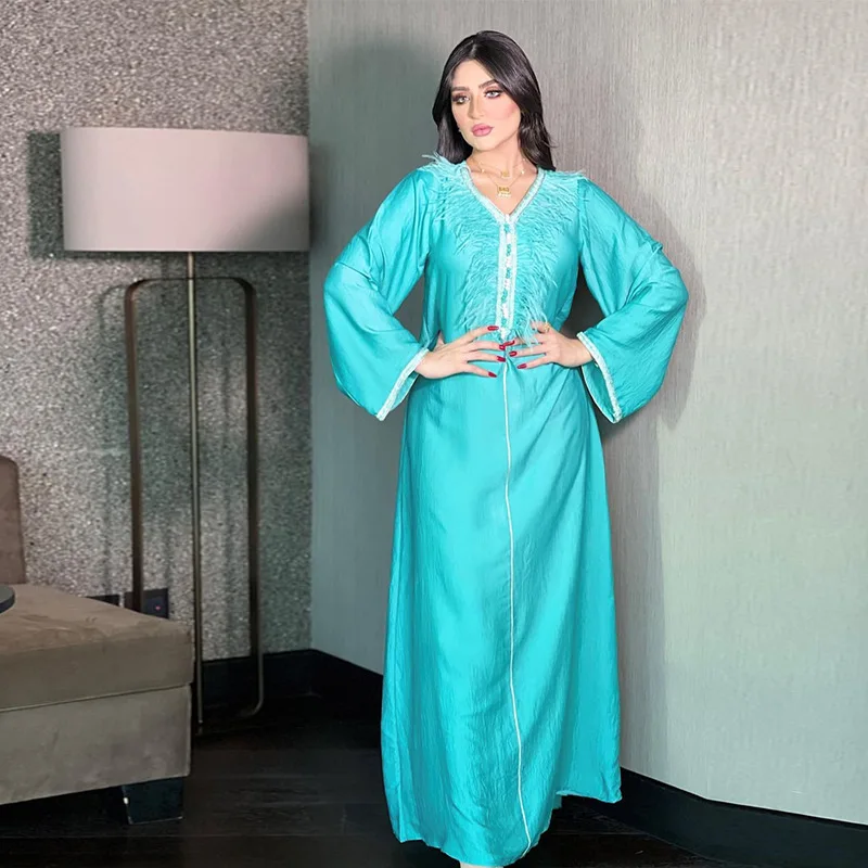 Wepbel платье-абайя с перьями, платье для вечеринки, арабское мусульманское платье Дубая, Ближний Восток, брикет с длинным рукавом, Кафтан-абай...
