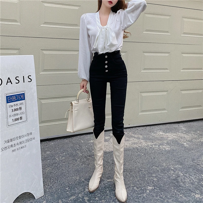 

Vintage Diamond Buckle Trousers Women 2021 New Spring Vintage Wild Slim High Waist Jeans Female Denim Pants NS2567