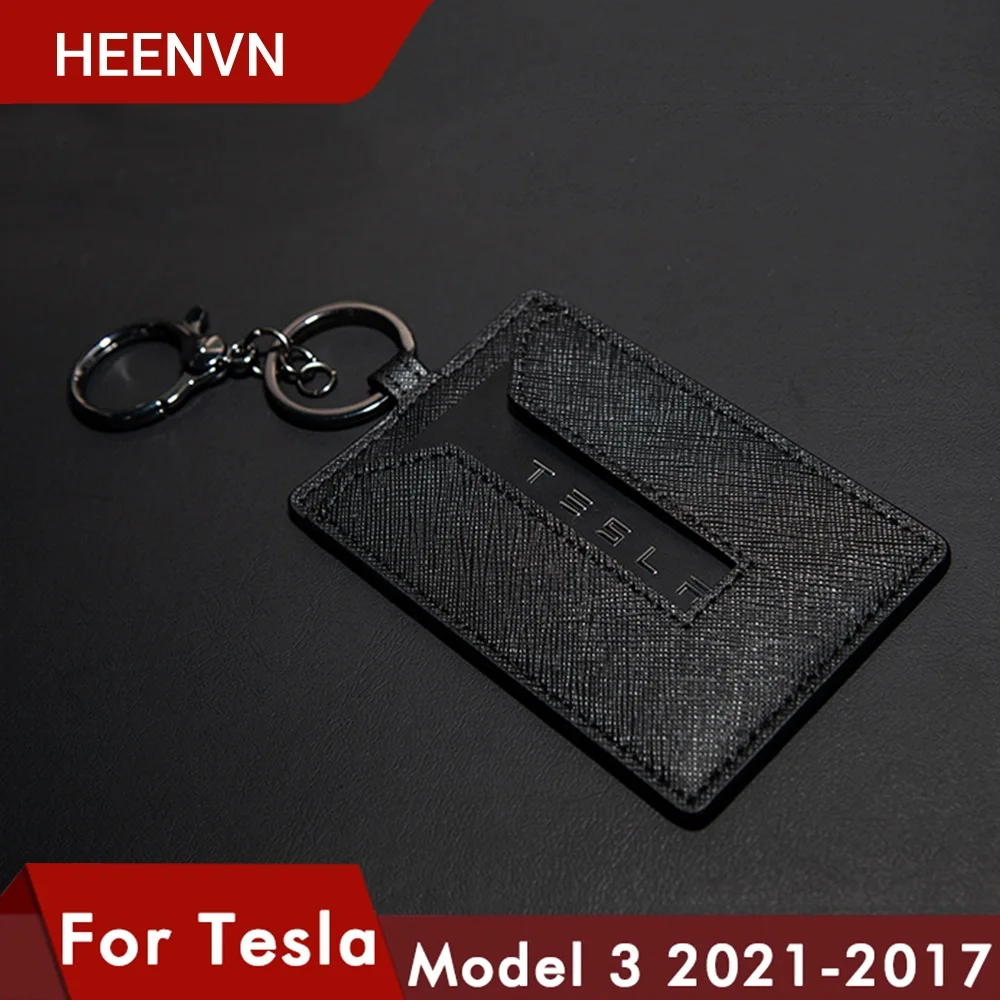 

Heenvn Model3 2021 Car Leather Key Card Holder Protector Cover Key For Tesla Model 3 Accessories Black Key Fob Case Bag Three