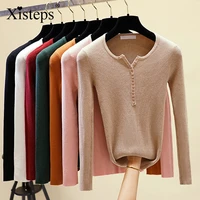 xisteps new 2021 women autumn winter knitted women pullover long sleeve slim sweater v neck single breasted jumper multi color