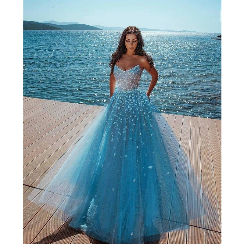 

New Sexy Long Evening Dresses Tulle A-line Luxury Sequins Beading V-neck Backless Formal Prom Gowns Vestidos De Noche