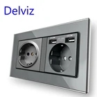 Двойная розетка Delviz, панель из закаленного стекла, USB-интерфейс для зарядки, 146 мм x 86 мм, встроенная настенная розетка европейского стандарта