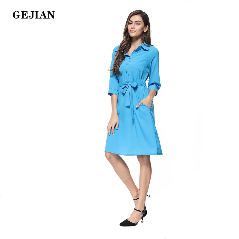 GEJIAN/2019 г. Новое летнее и осеннее платье с поясом женское длинное Повседневное