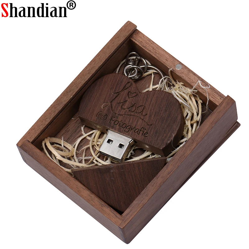 SHANDIAN Бесплатная логотип на заказ Деревянный Сердце USB + коробка флеш накопитель 32
